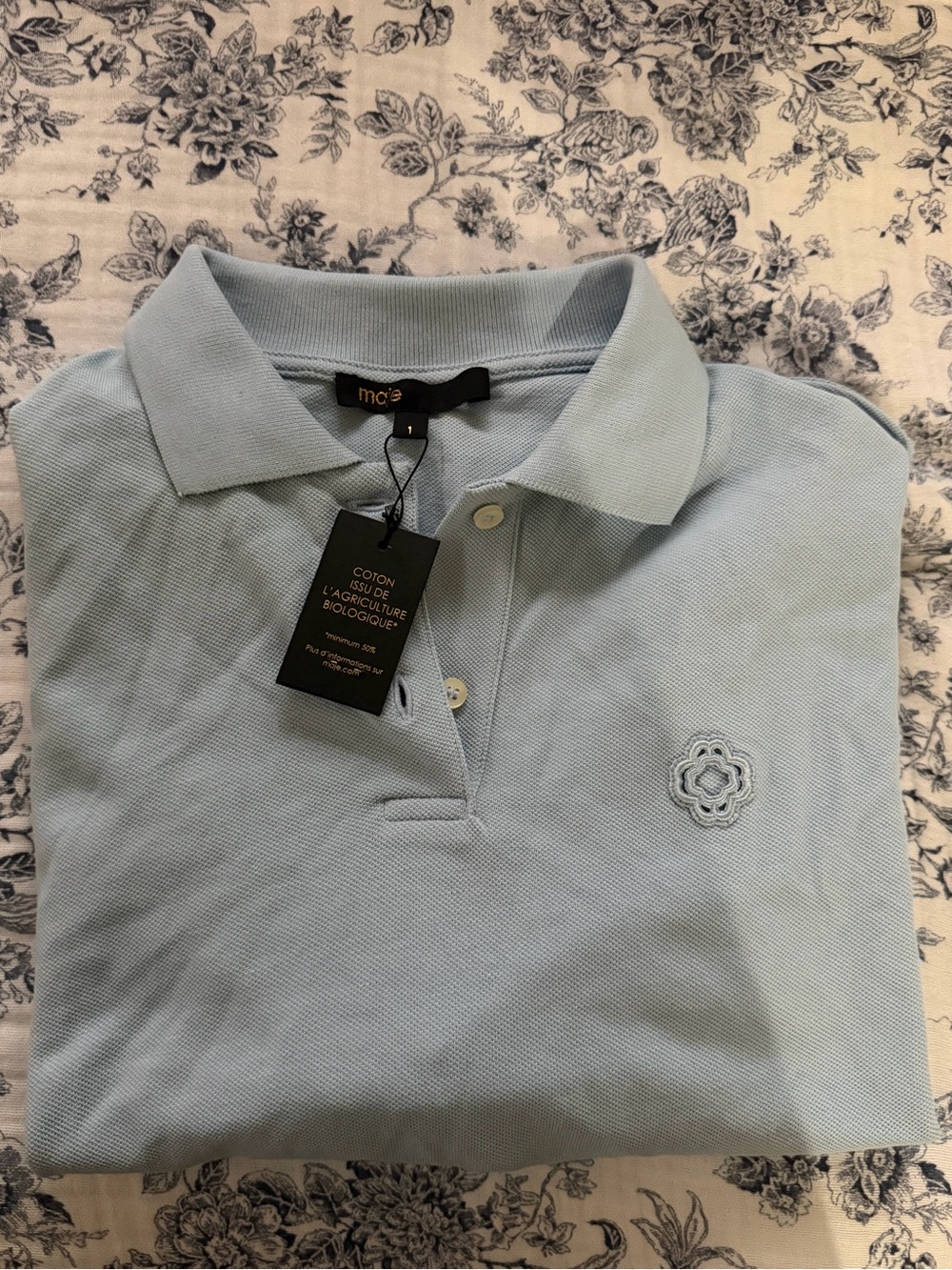 Maje Pale Blue Cotton Polo with Floral Embroidery